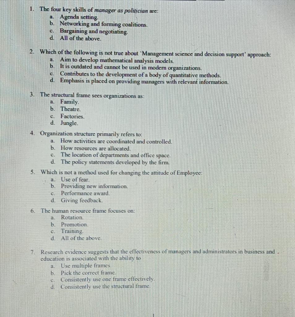 a. 1. The four key skills of manager as