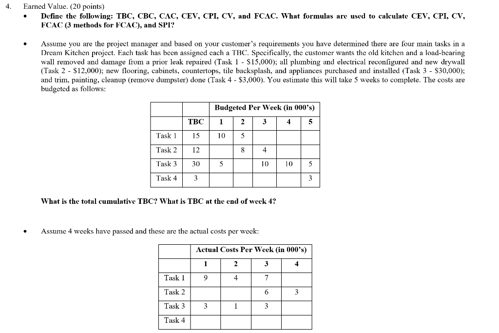 Earned Value. ( 20 points) - Define the