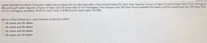 Lame Example Furniture Company makes two products