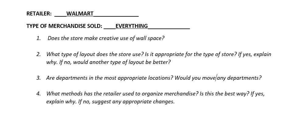 RETAILER: WALMART TYPE OF MERCHANDISE SOLD: