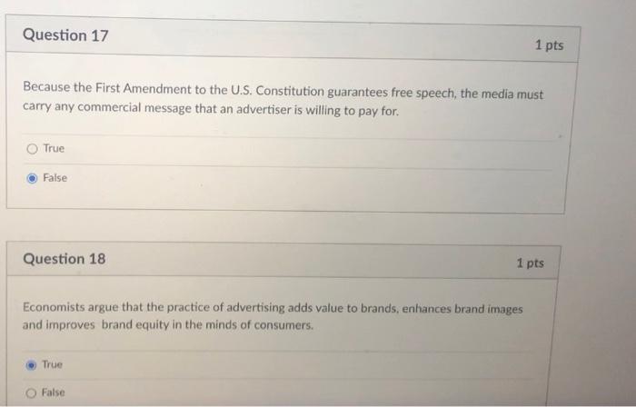 Question 17 1 pts Because the First Amendment to
