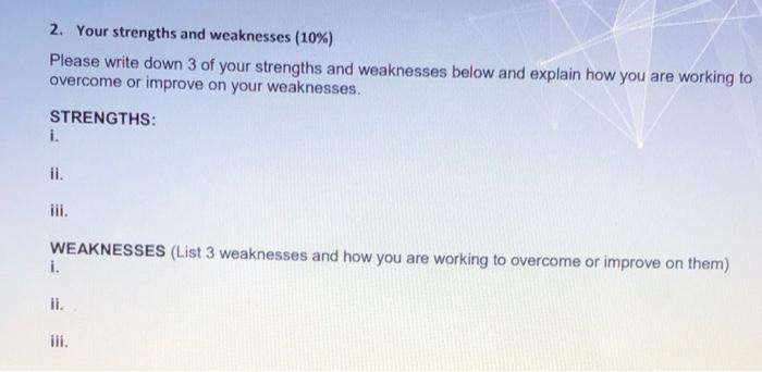 2. Your strengths and weaknesses (10%) Please
