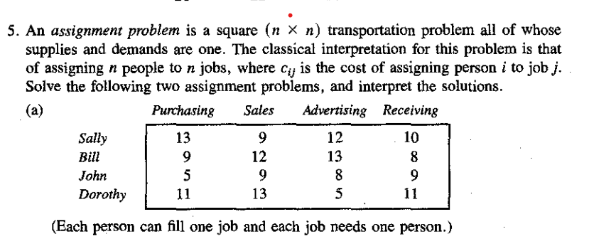 5. An assignment problem is a square (nn)