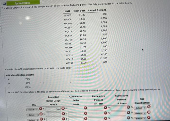 Spreadsheet: The Welsh Corporation uses 13 key