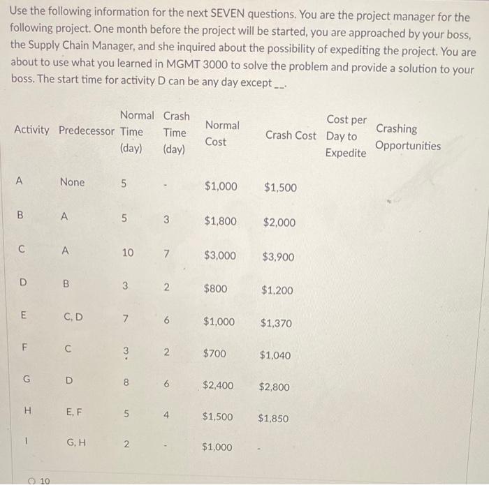 Use the following information for the next SEVEN