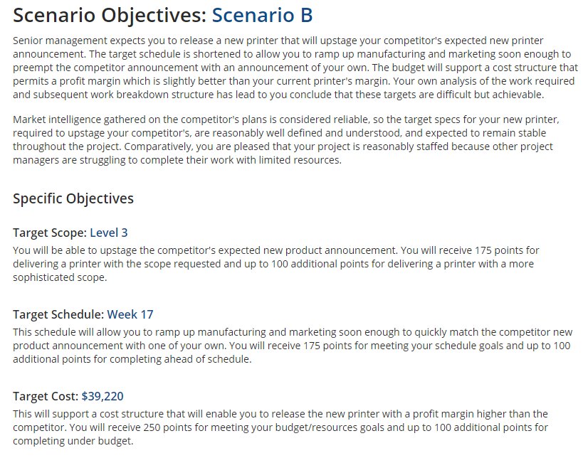 Scenario Objectives: Scenario B Senior management