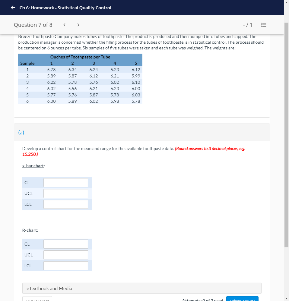 f Ch 6: Homework - Statistical Quality Control