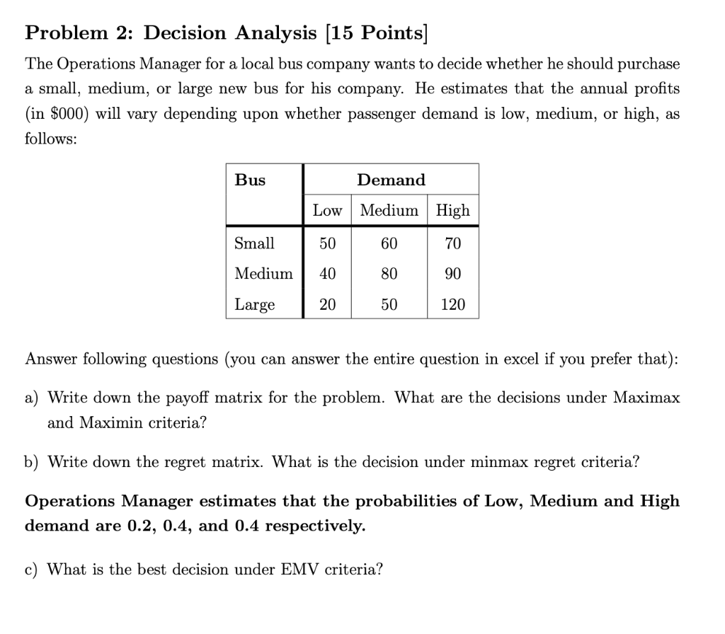 Problem 2: Decision Analysis (15 Points] The