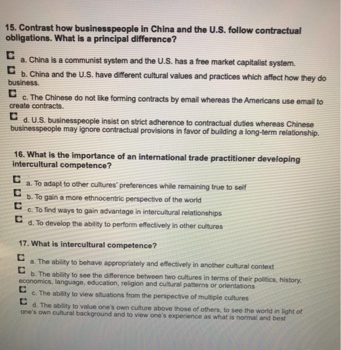 15. Contrast how businesspeople in China and the