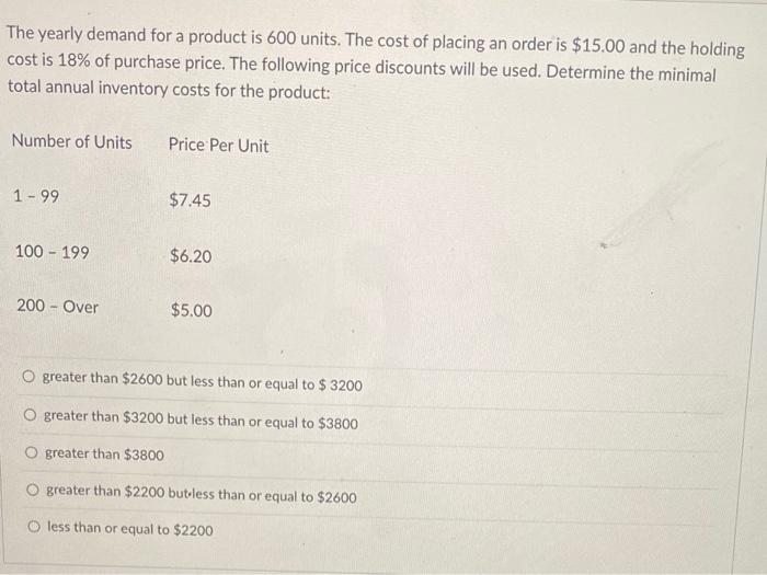 The yearly demand for a product is 600 units. The