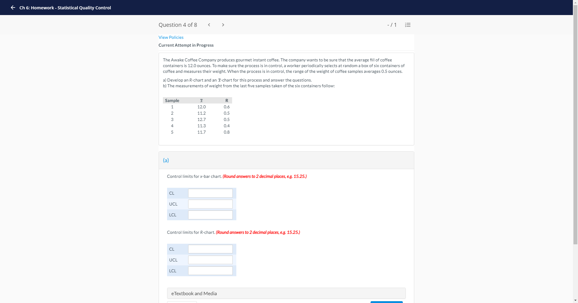 + Ch 6: Homework - Statistical Quality Control