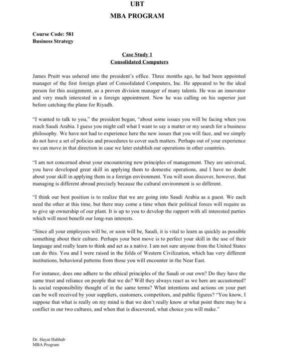 Course Code: 581 Business Strategy Case Study 1