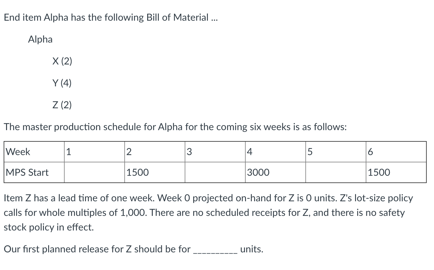 End item Alpha has the following Bill of Material