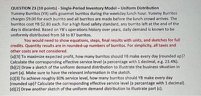 QUESTION 23 (10 points) - Single-Period Inventory