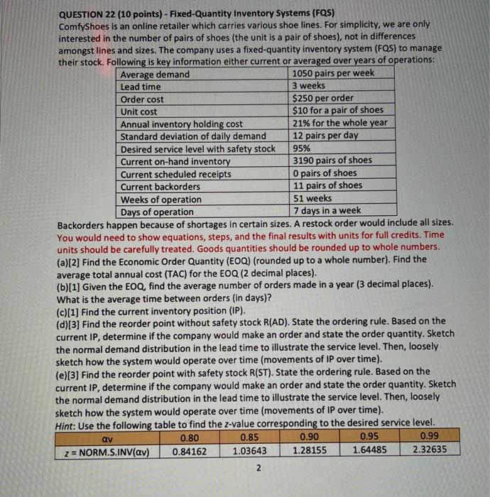 QUESTION 22 (10 points) - Fixed-Quantity