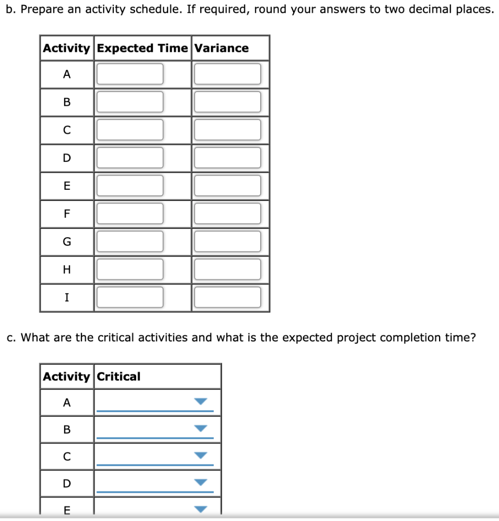 Immediate Predecessor A Activity A B C D E F G H