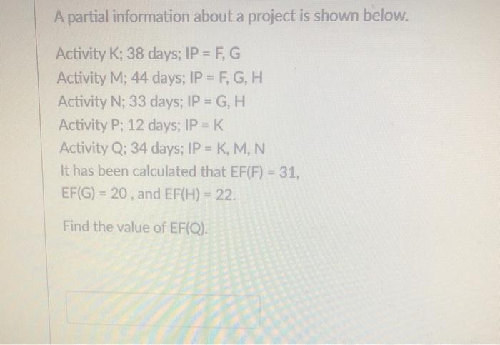 A partial information about a project is shown