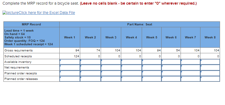 Complete the MRP record for a bicycle seat.