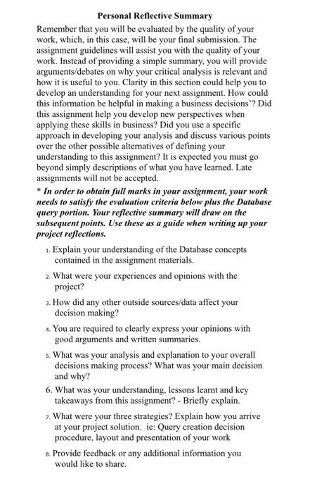 Personal Reflective Summary Remember that you