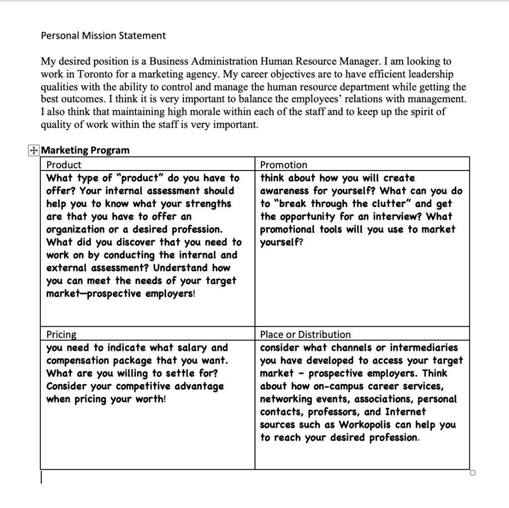 Personal Mission Statement My desired position is