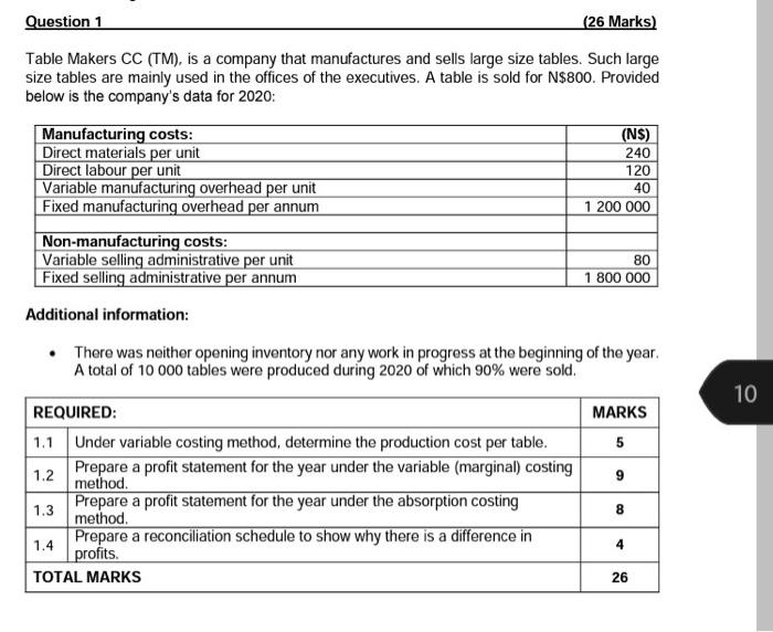 all the questions Question 1 (26 Marks) Table