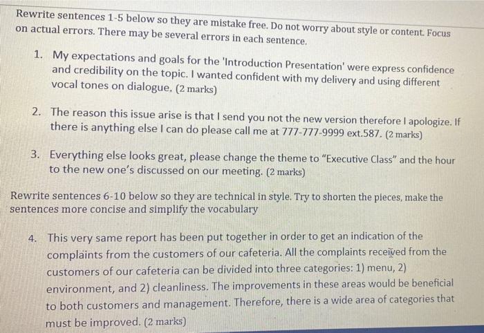 Rewrite sentences 1-5 below so they are mistake