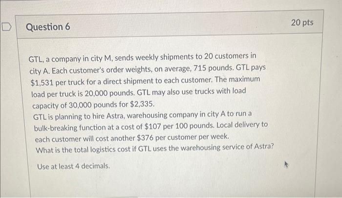 GTL, a company in city M, sends weekly shipments