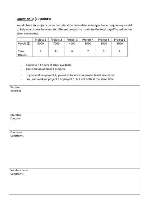 Question 1: (10 points) You do have six projects