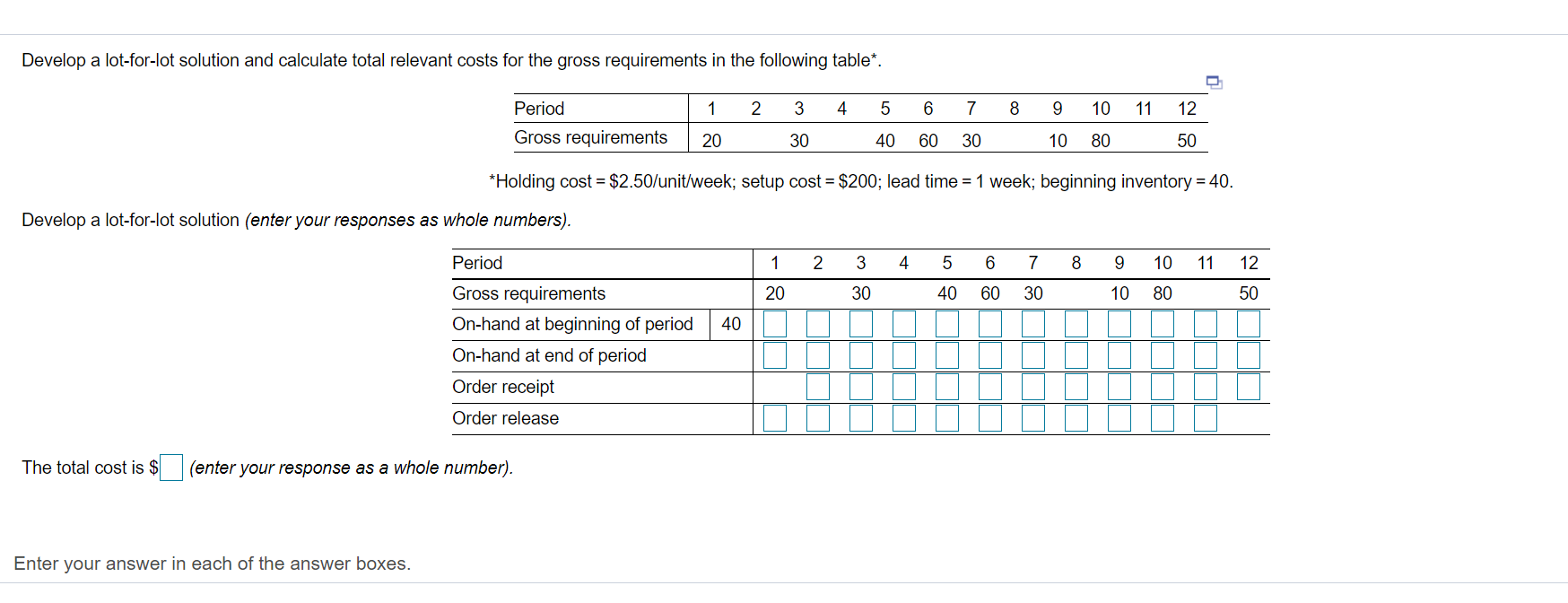 Please help me with every box and the total cost!