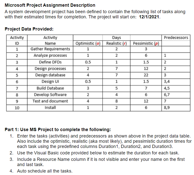 Microsoft Project Assignment Description A system