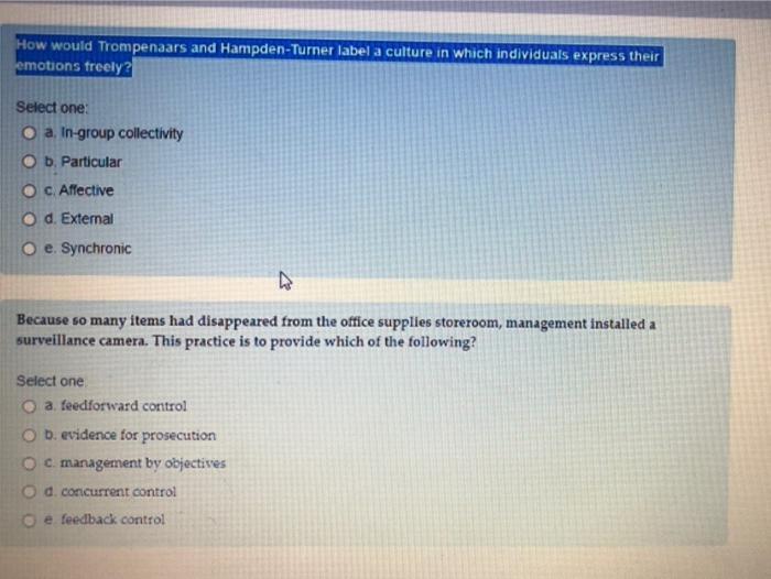 2 questions please How would Trompenaars and