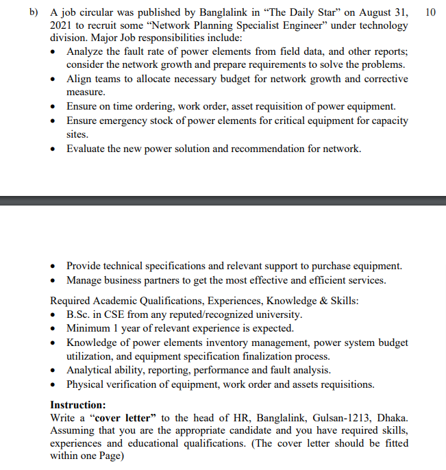 b) A job circular was published by Banglalink in