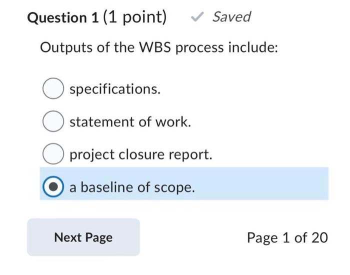 Outputs of the WBS process include: