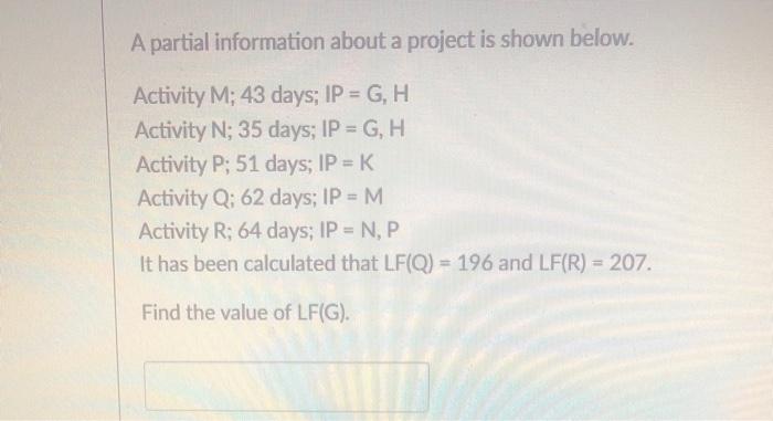 A partial information about a project is shown