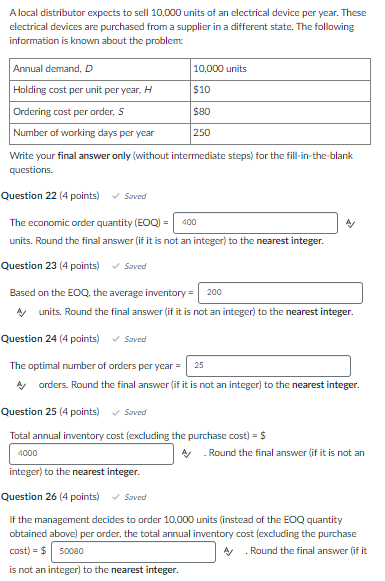 A local distributor expects to sell 10,000 units