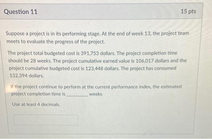 Question 11 15 pts Suppose a project is in its