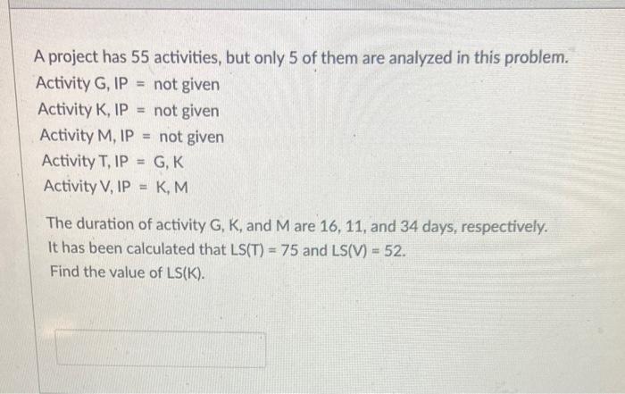 A project has 55 activities, but only 5 of them