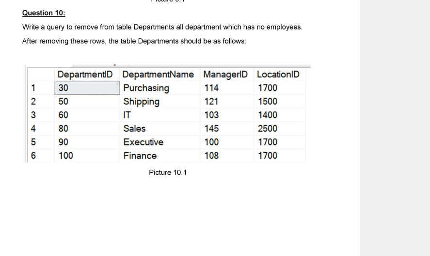 Question 10: Write a query to remove from table