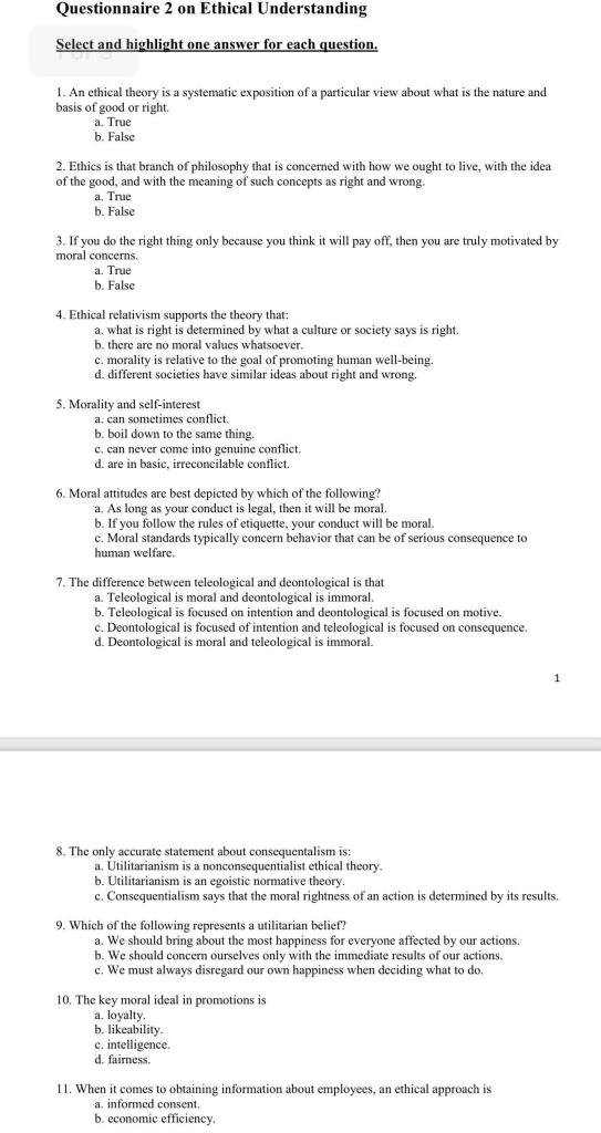 Questionnaire 2 on Ethical Understanding Select