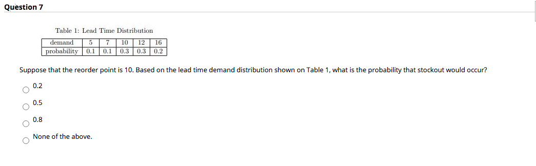 Question 7 Table 1: Lead Time Distribution demand