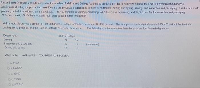 Reiser Sports Products wants to determine the