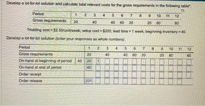 Develop a lot-for-lot solution and calculate