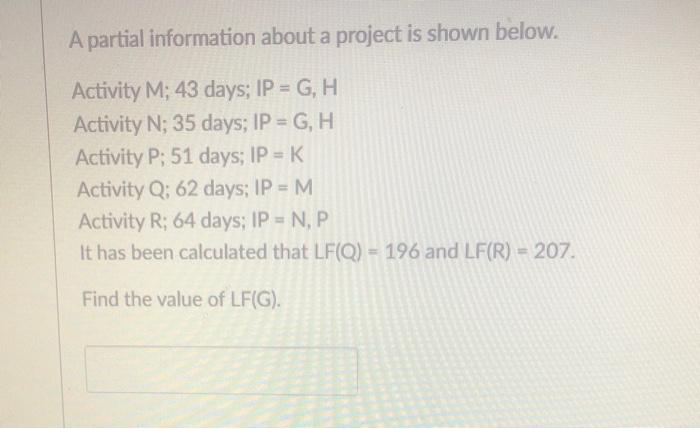 A partial information about a project is shown