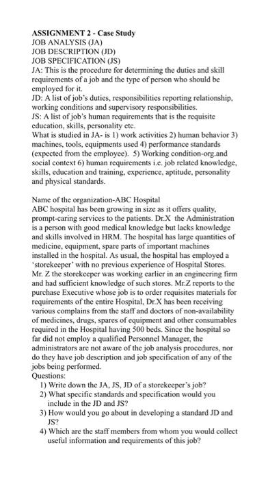 ASSIGNMENT 2 - Case Study JOB ANALYSIS (JA) JOB