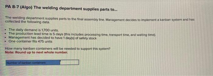 PA 8-7 (Algo) The welding department supplies