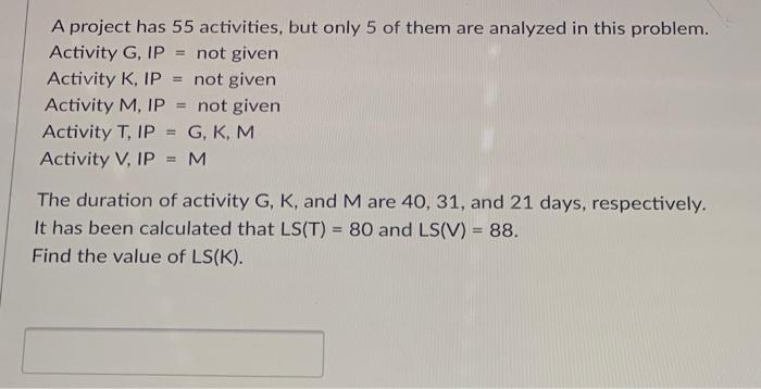 ANSWER ?? Find the Value of LS(K). A project has