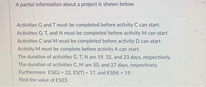 A partial information about a project is shown