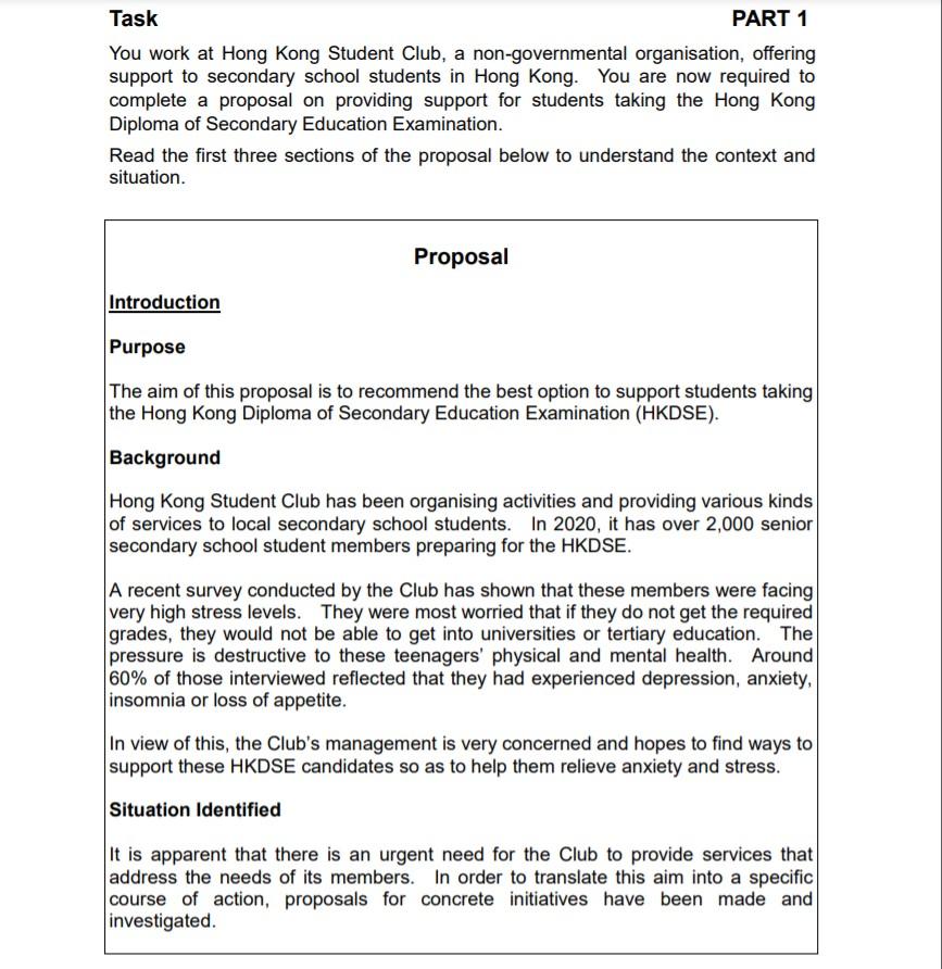 Task PART 1 You work at Hong Kong Student Club, a