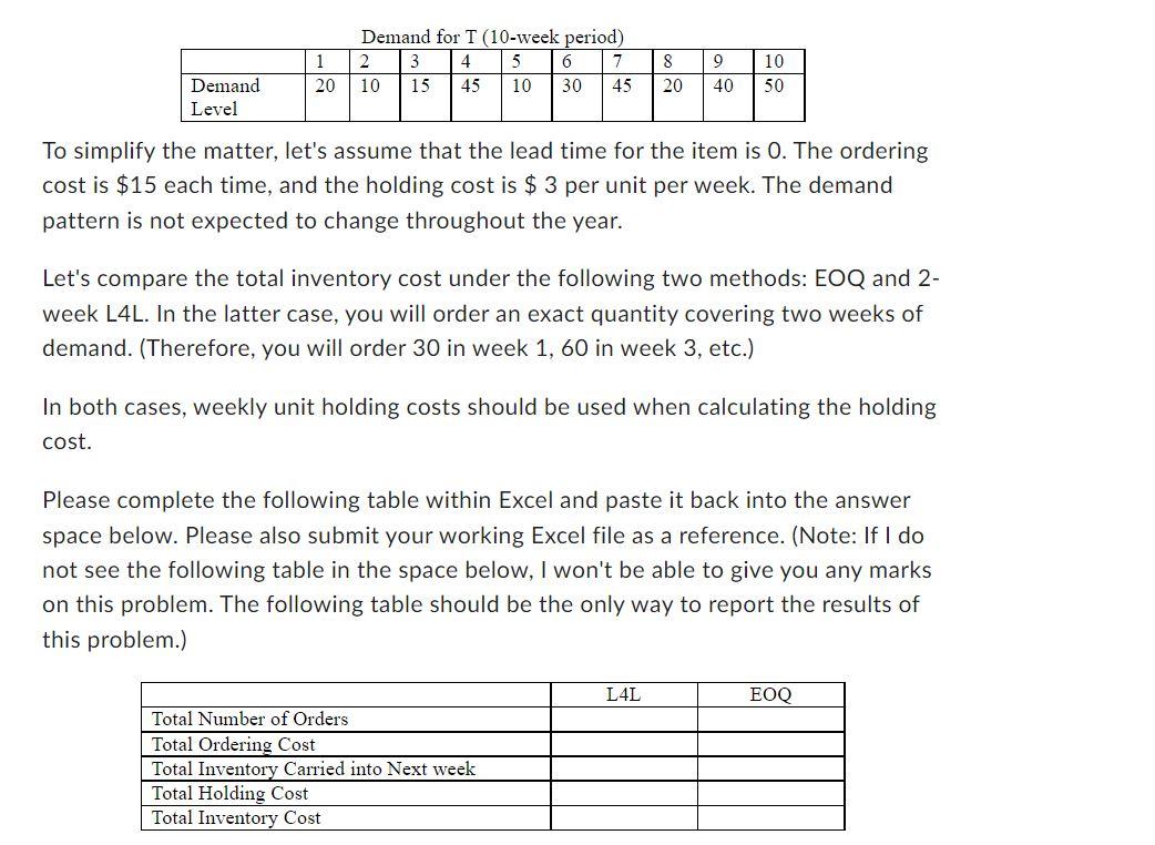 The demand for item T in the next ten weeks is