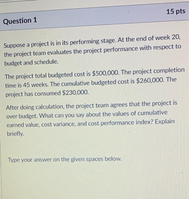 15 pts Question 1 Suppose a project is in its